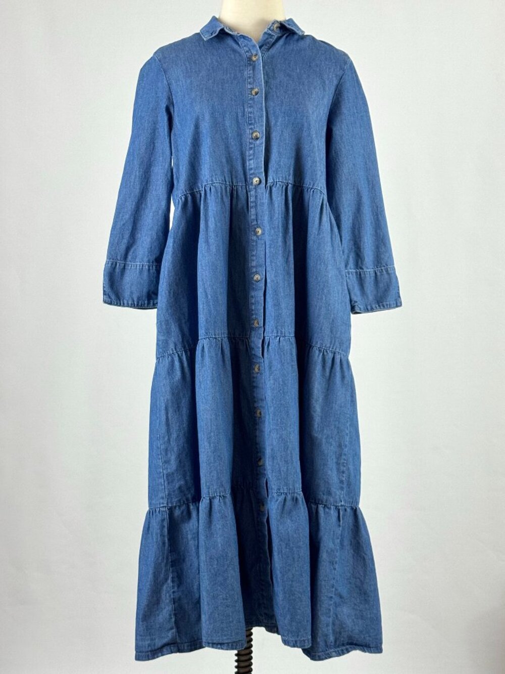 Vermont Country Store Tiered Chambray Midi Dress Button Front Denim Country Farm